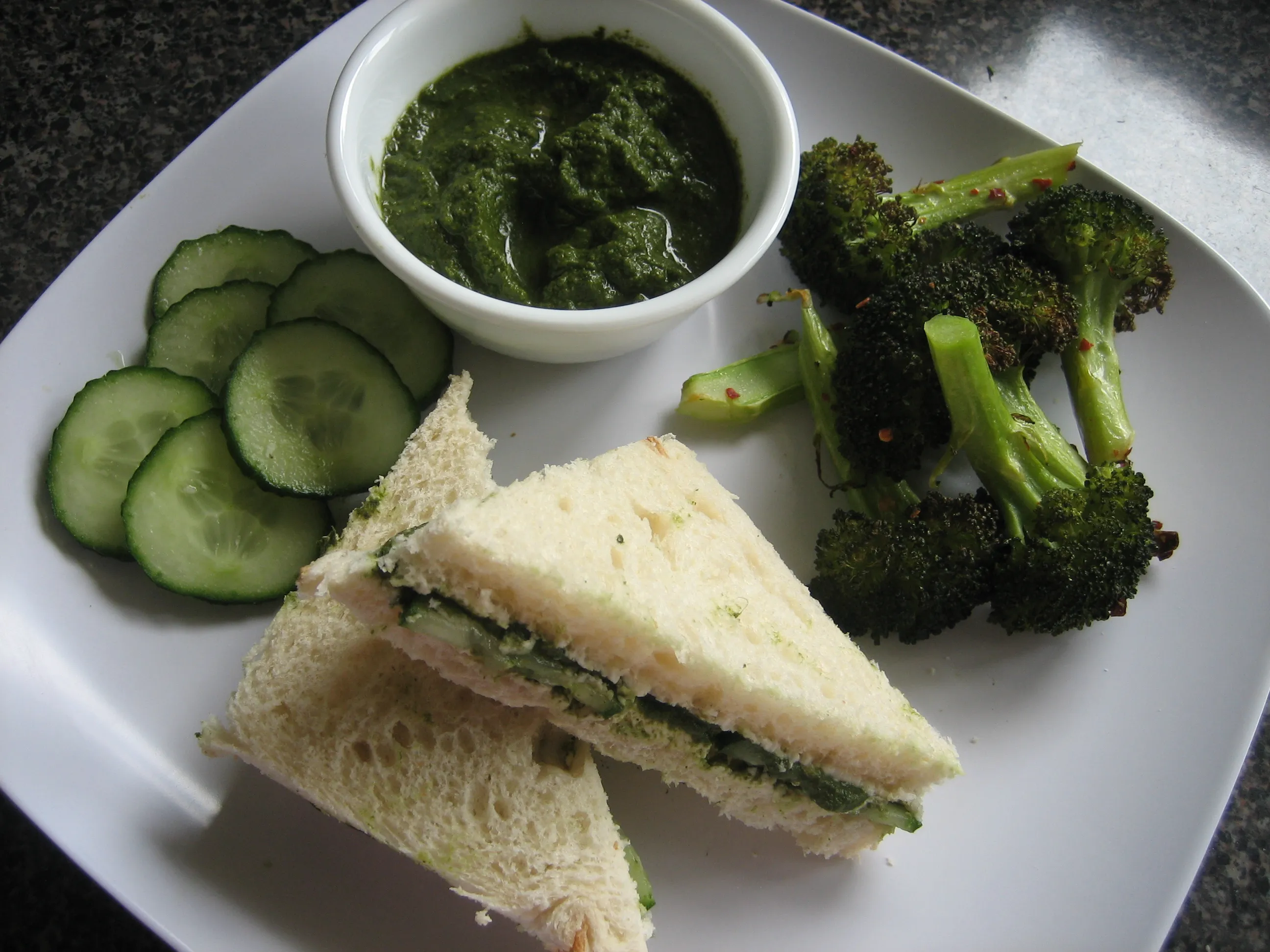 Going Green with Lunch.. - Cilantro Pesto with Ginger and Chile aka Green chutney and Chutney Sandwiches