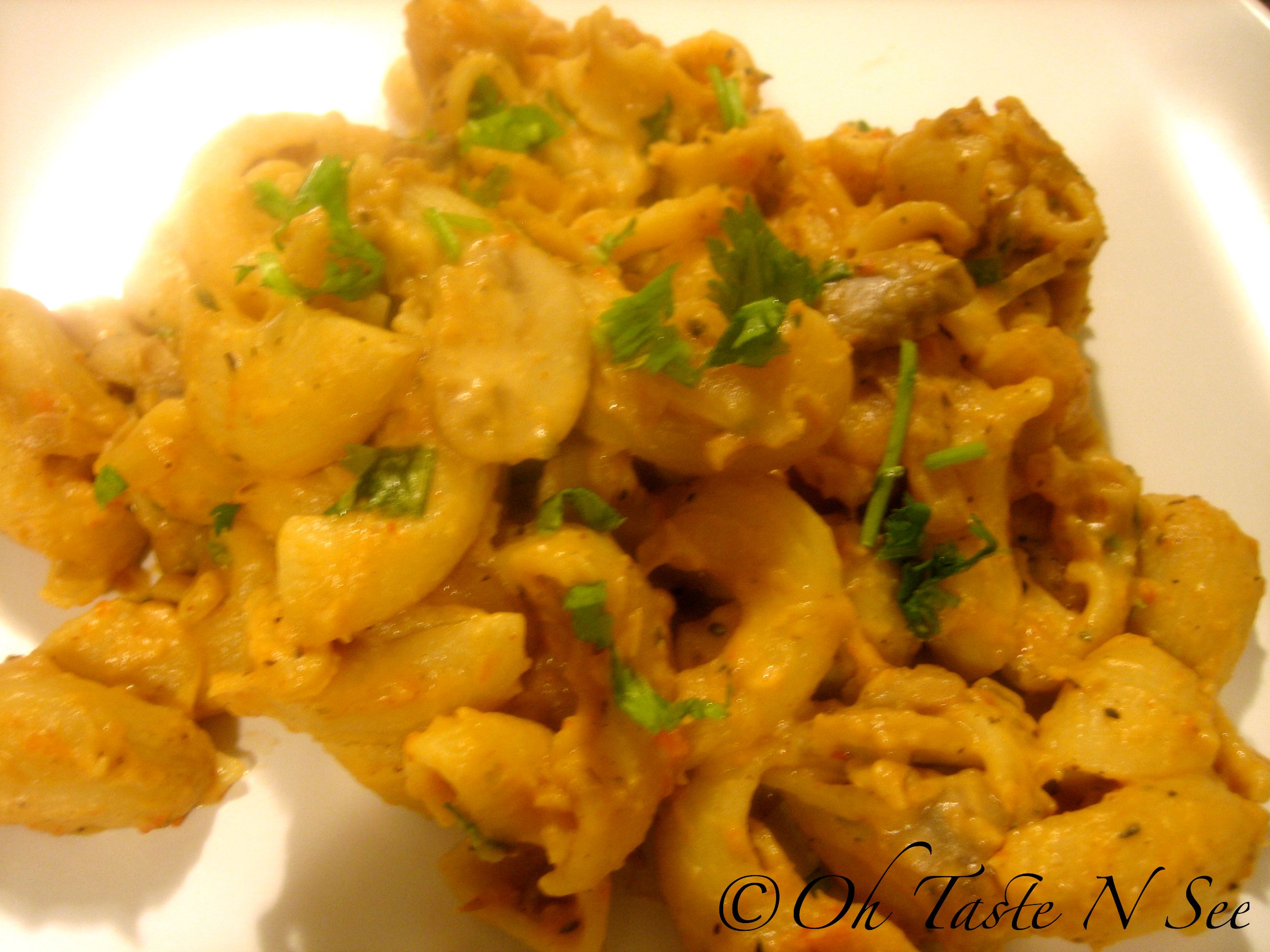 Pasta in a creamy Roasted Pepper Hummus sauce