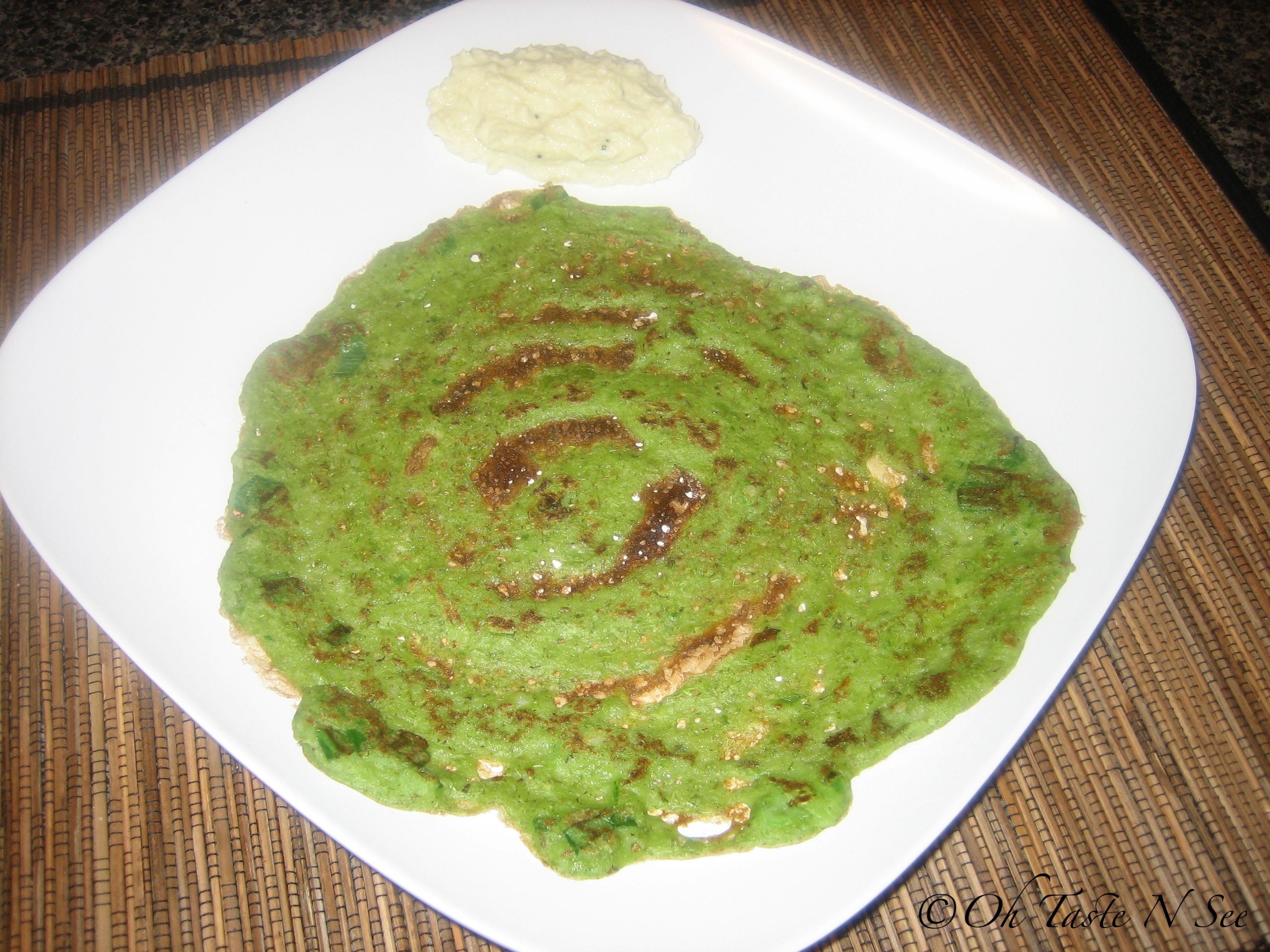 Spinach Scallion Pesarattu(Green mung bean dosa with spinach and scallion)