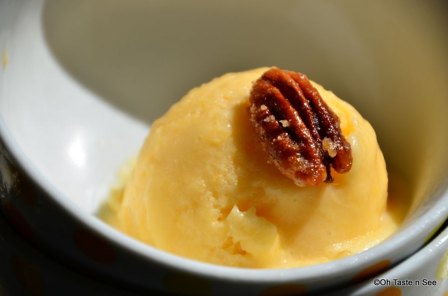 Peach Yogurt Icecream with Candied Pecans