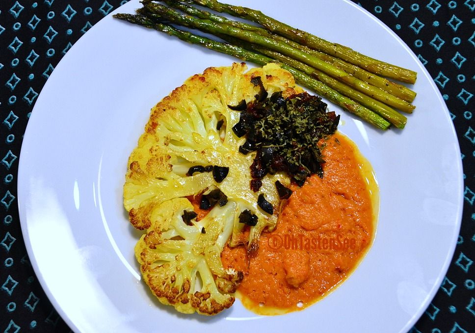 Cauliflower Steaks with Olive Relish and Spicy Tomato Sauce(Vegetarian South Beach Diet Phase 1 Recipe of the Month)